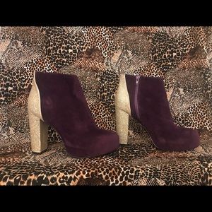 Glitter Gold and Purple 4 inch heeled ankle boot.